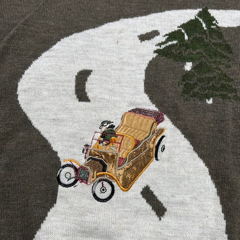 MG Sweater Mens 48 Brown Vintage Car Alpaca Wool Intarsia Knit Made in Italy - Picture 3 of 8